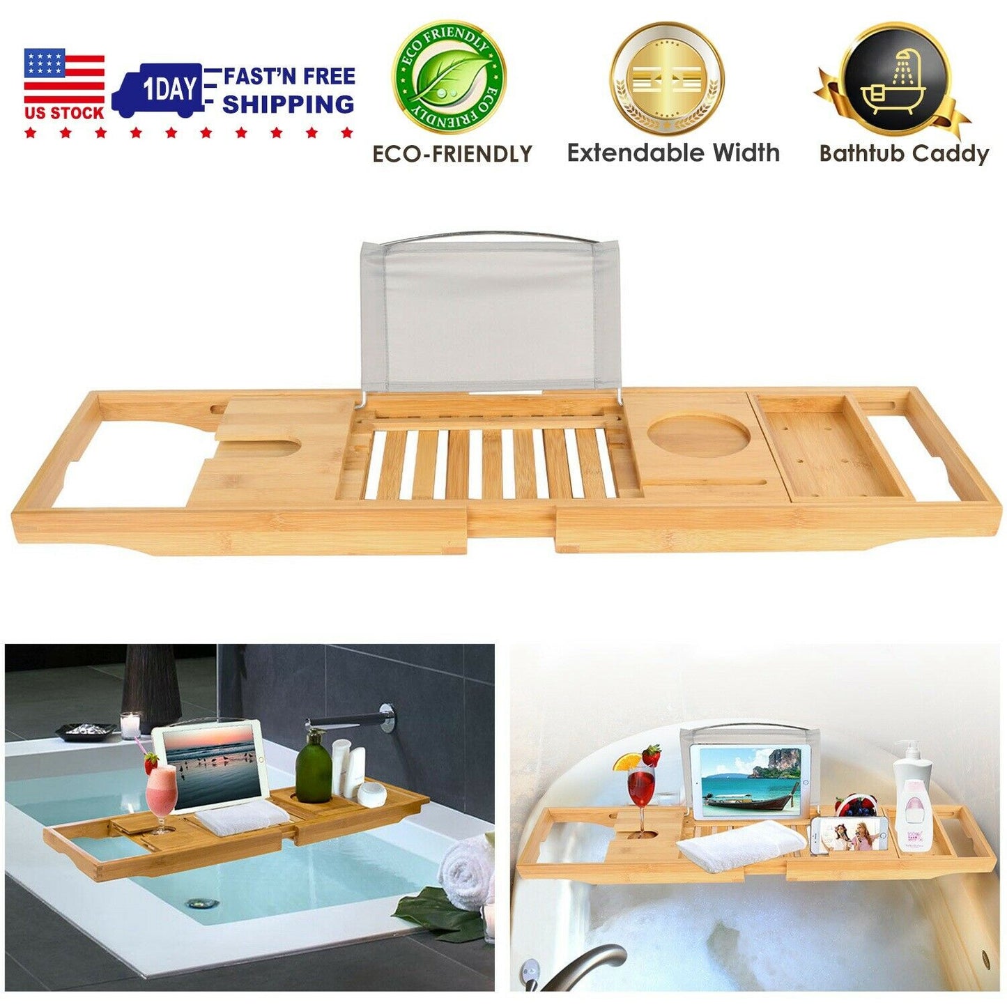 Bathtub Accessories - Bath Tub Caddy Tray - Bamboo Organizer Table For Bathtub -