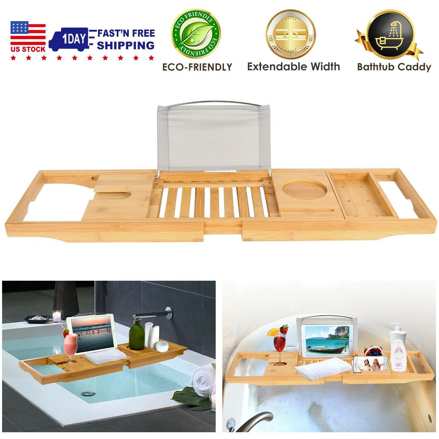 Bathtub Accessories - Bath Tub Caddy Tray - Bamboo Organizer Table For Bathtub -