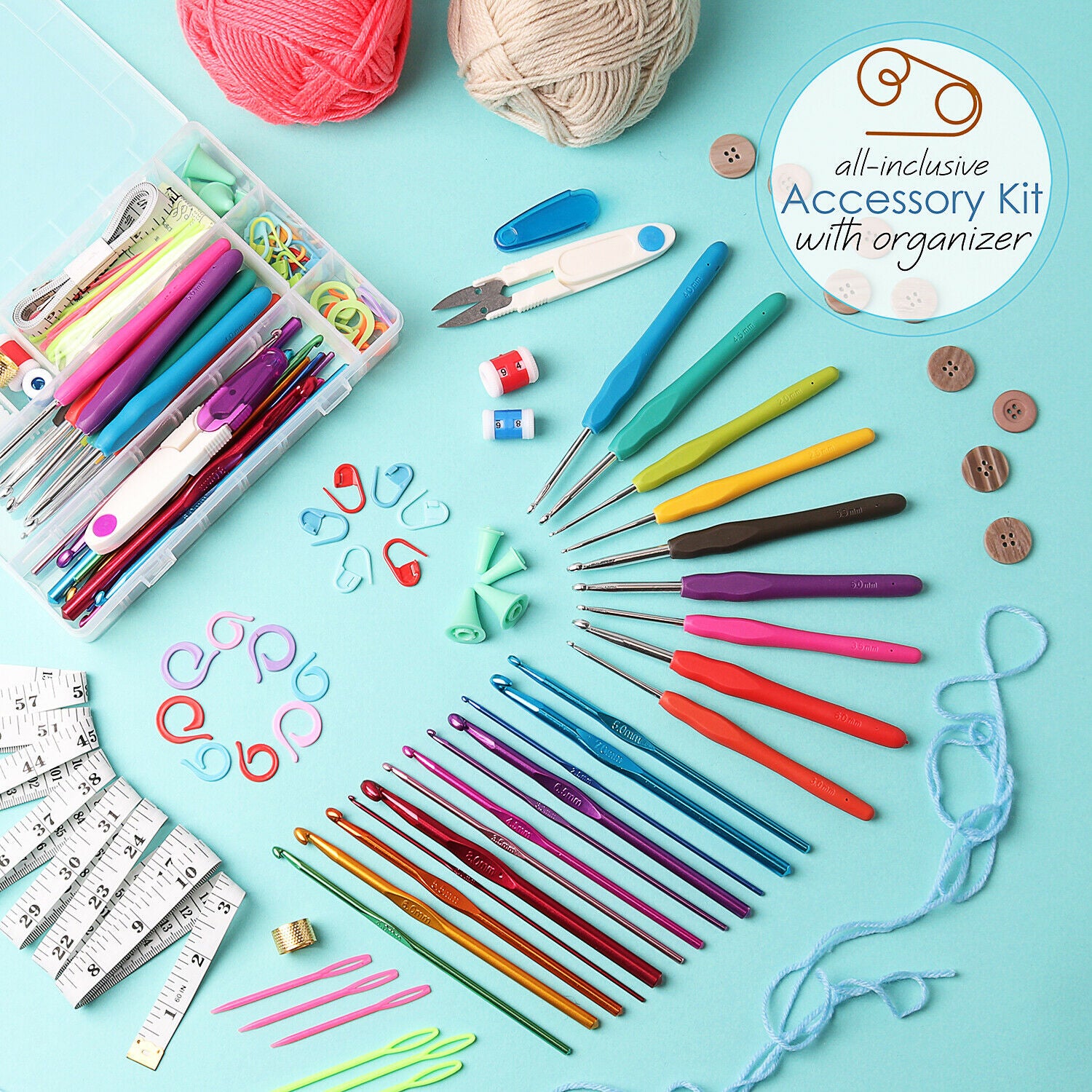 Crochet Hooks - Crochet Kit - Set of Hooks, Yarn, & Supplies - 73 Piece Starter Set -