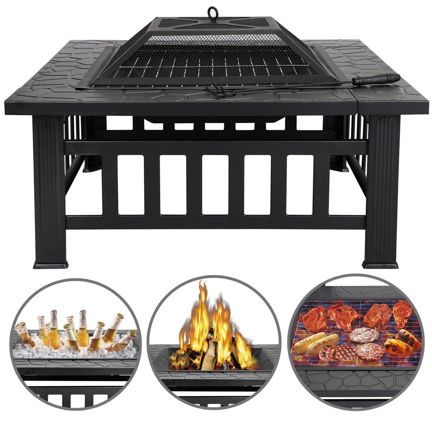 Fireplace Tools - Fire Pit Furniture Patio - 32" Outdoor Metal Square Stove With Cover -
