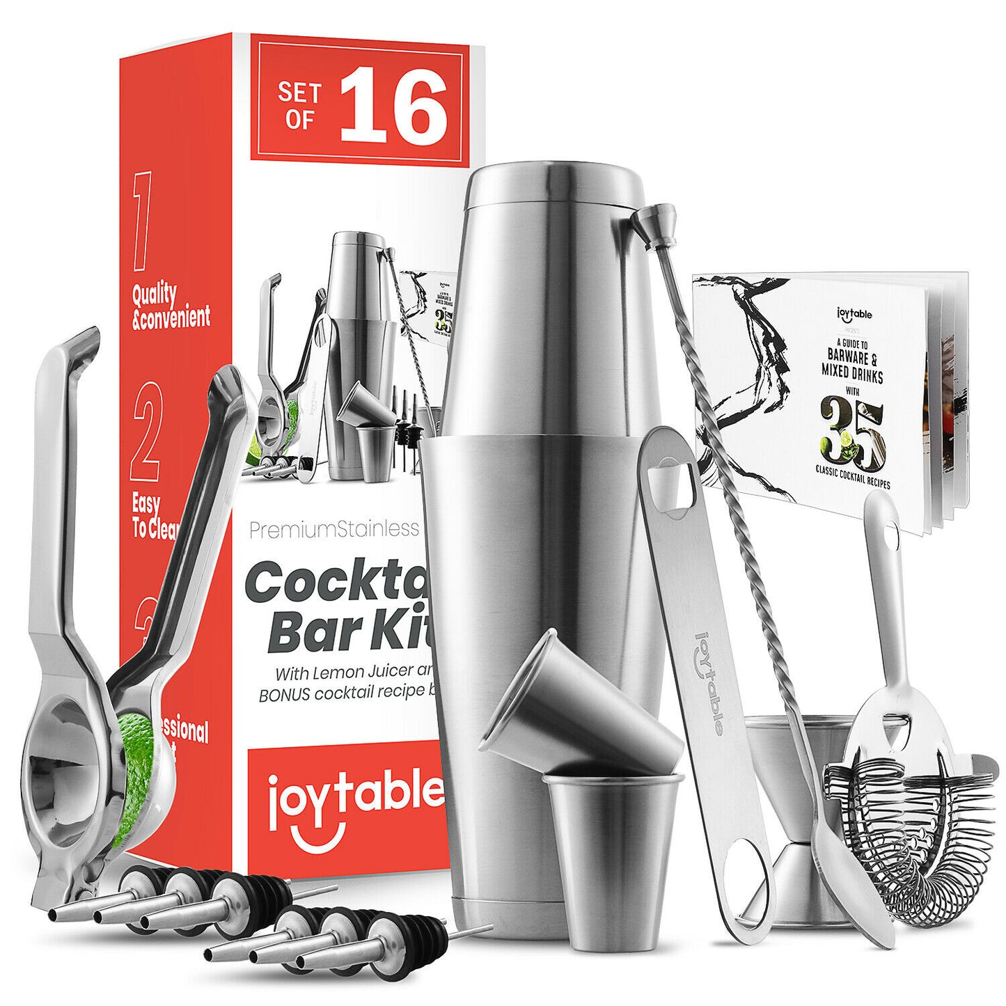 Cocktail & Barware Tool Sets - Bartender Tool Set - 16 Pc Complete Bar Tools with Lemon Squeezer -