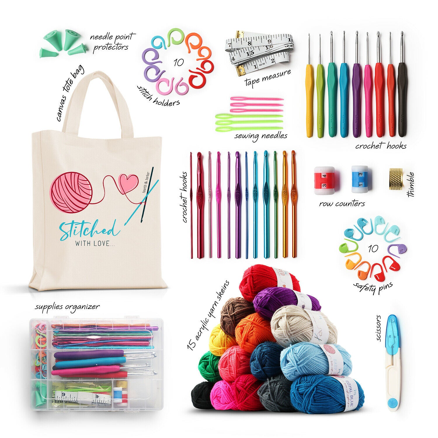Crochet Hooks - Crochet Kit - Set of Hooks, Yarn, & Supplies - 73 Piece Starter Set -