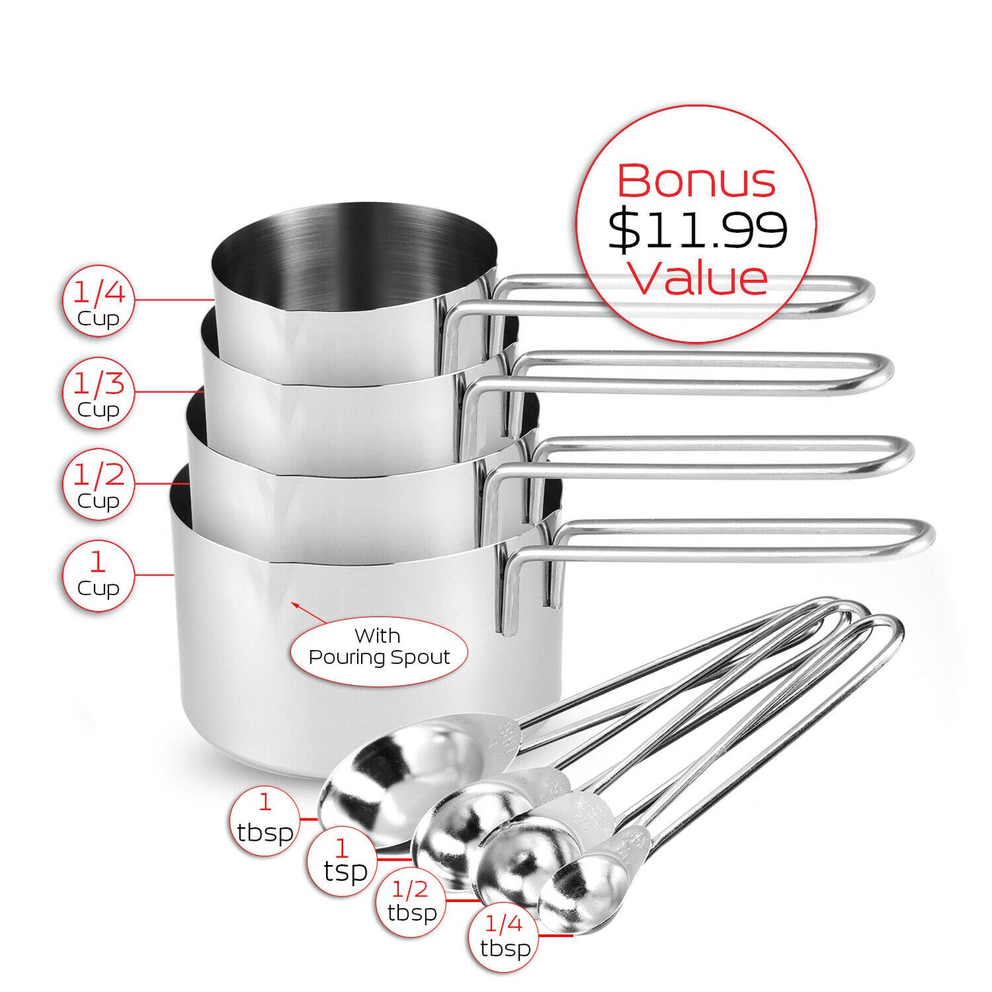 Mixing Bowls - Mixing Bowls 14 Piece Set - Stainless Steel with Measuring Cups & Spoons -