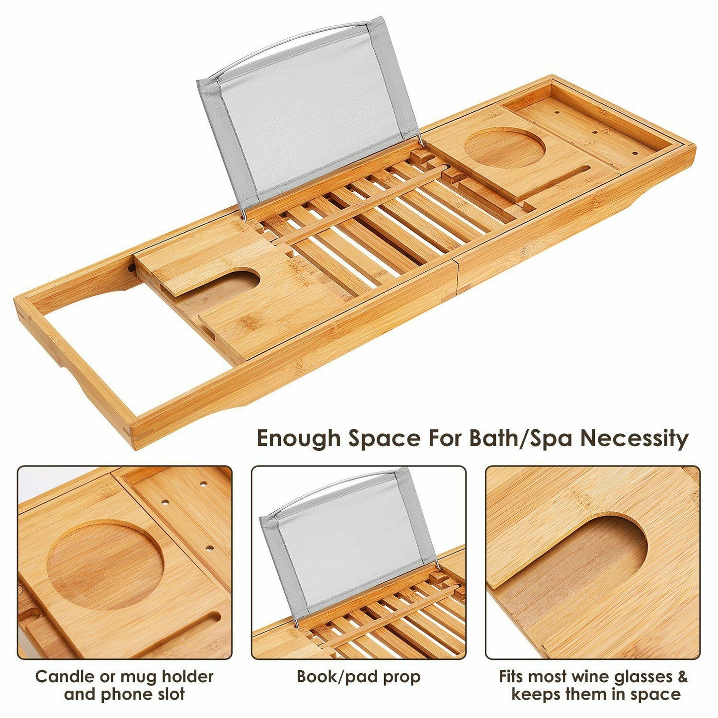 Bathtub Accessories - Bath Tub Caddy Tray - Bamboo Organizer Table For Bathtub -