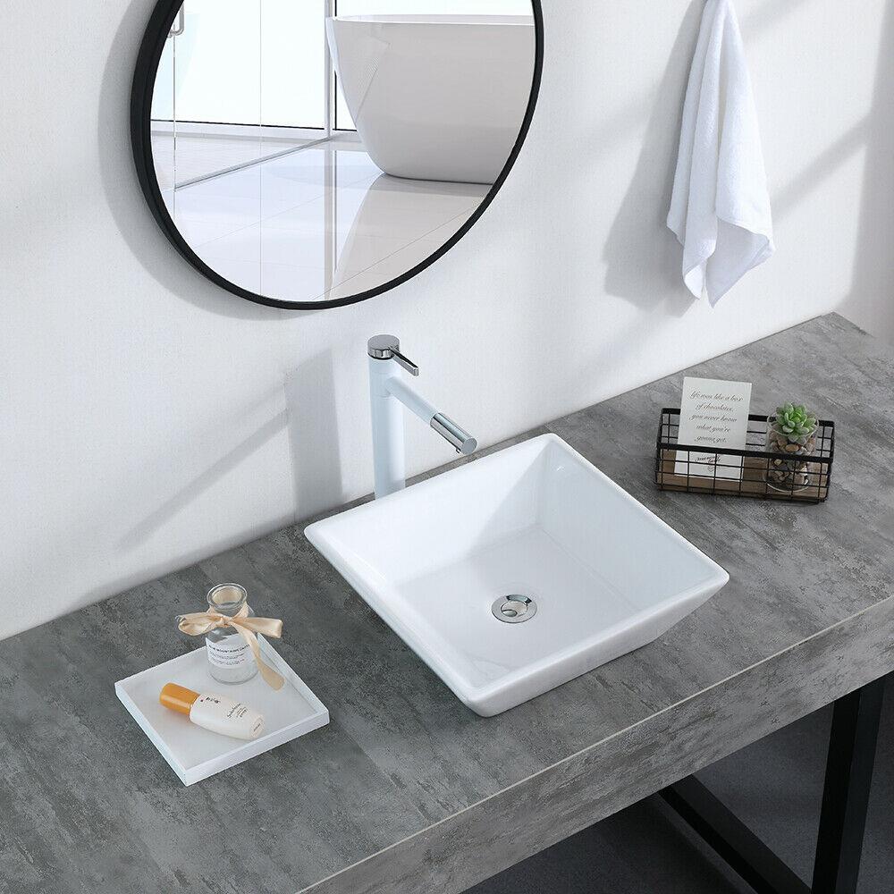 Bathroom Sinks - Bathroom Vessel Sink - Porcelain Ceramic Basin Bowl With Pop-Up Drain -