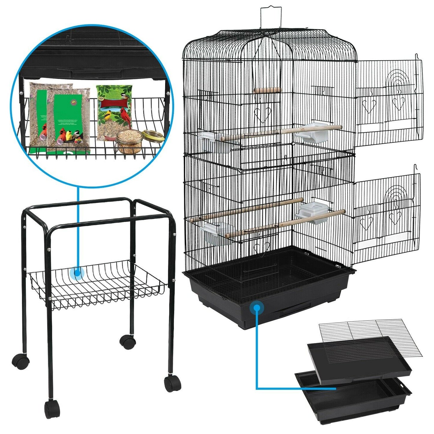 Bird Cages & Stands - 59"H Rooling Bird Cage - Canary Home with Stand & Tray -