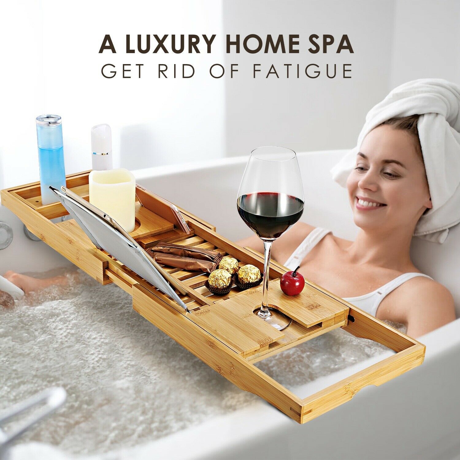 Bathtub Accessories - Bath Tub Caddy Tray - Bamboo Organizer Table For Bathtub -