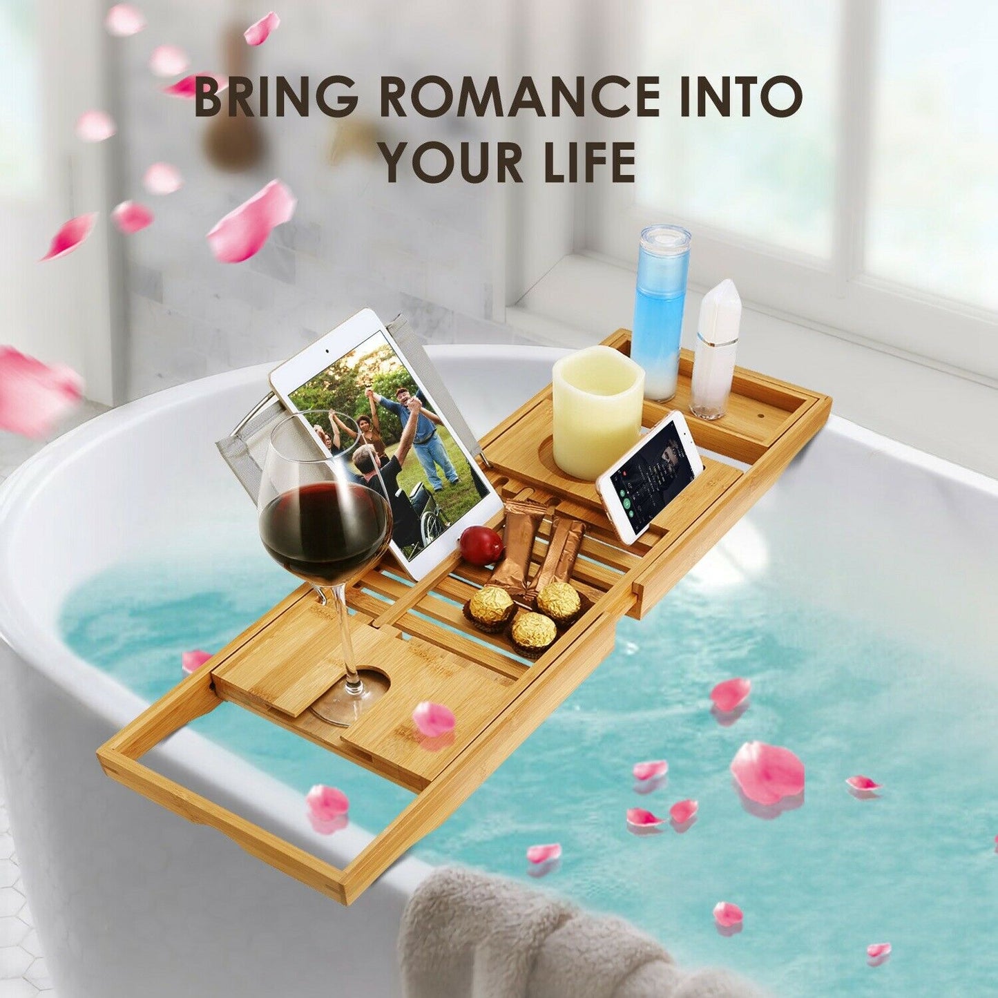Bathtub Accessories - Bath Tub Caddy Tray - Bamboo Organizer Table For Bathtub -
