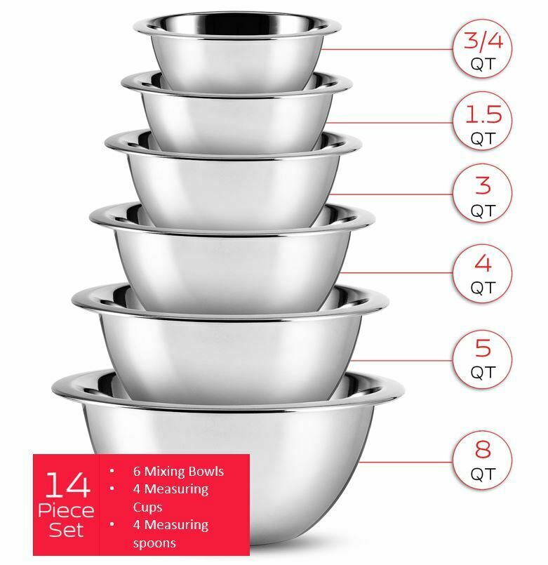 Mixing Bowls - Mixing Bowls 14 Piece Set - Stainless Steel with Measuring Cups & Spoons -