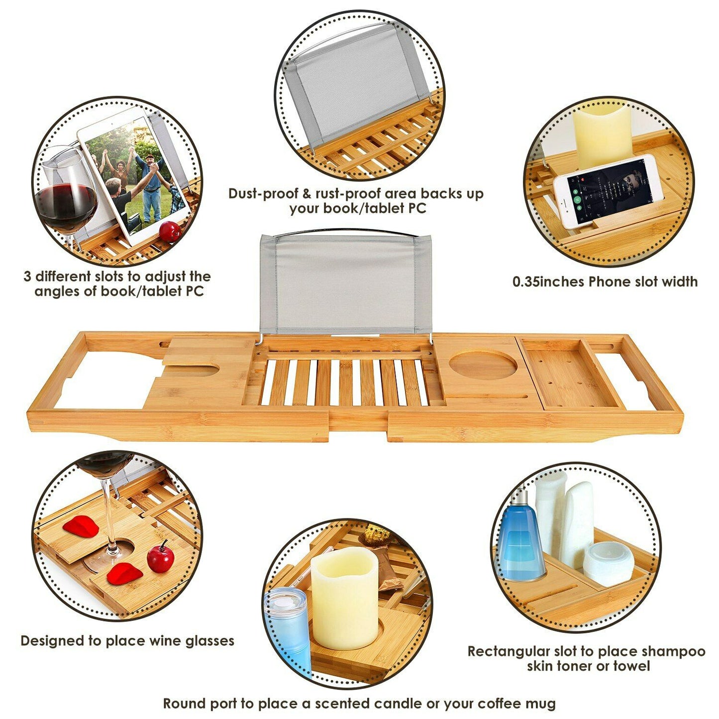Bathtub Accessories - Bath Tub Caddy Tray - Bamboo Organizer Table For Bathtub -