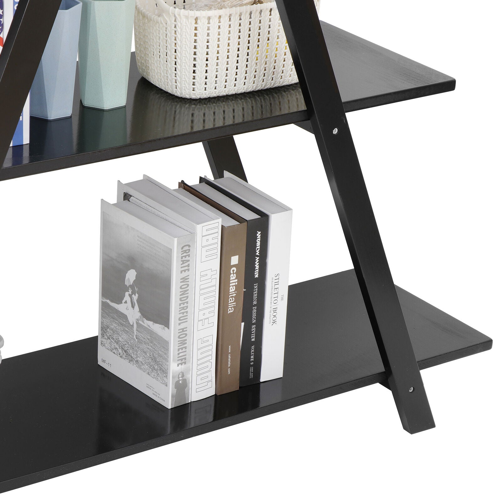 Bookcases & Standing Shelves - Ladder Shelf Storage Display - 4 Tier Modern Black Bookshelf -