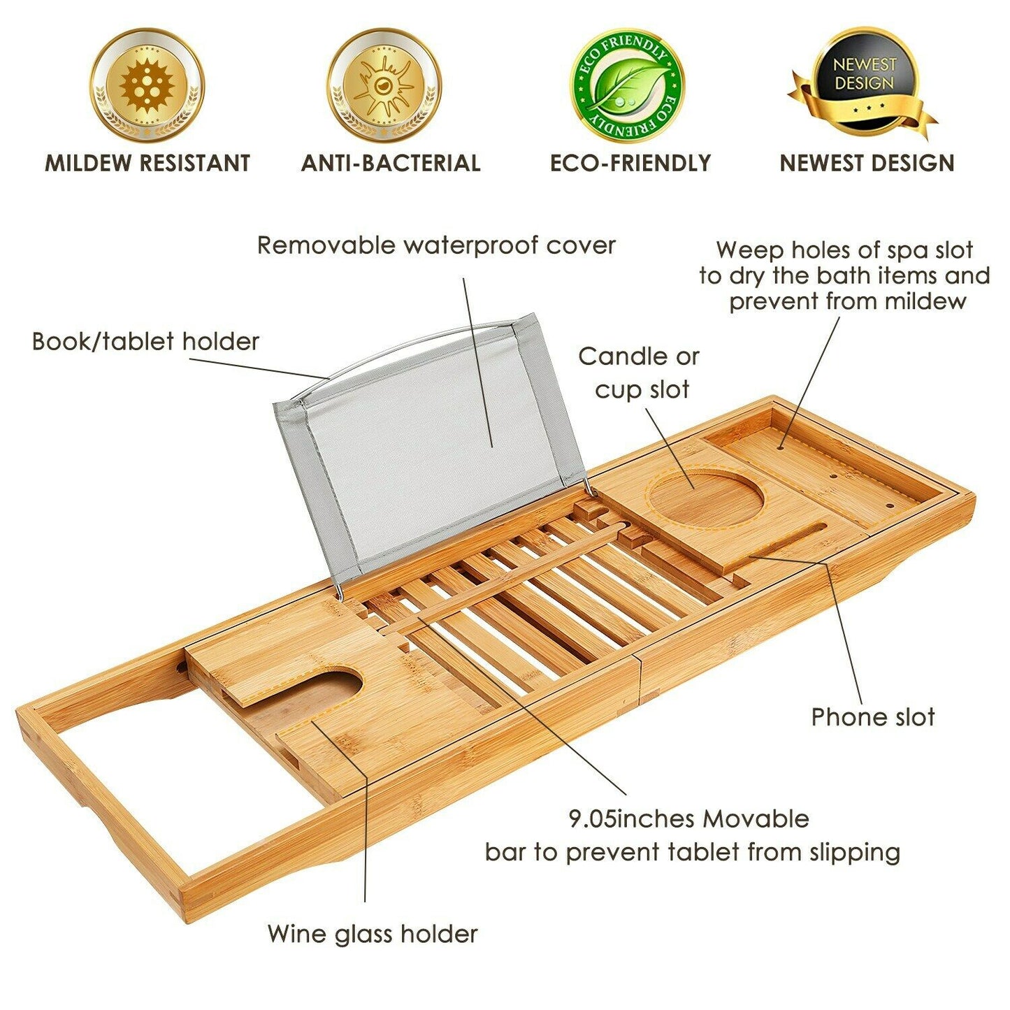Bathtub Accessories - Bath Tub Caddy Tray - Bamboo Organizer Table For Bathtub -