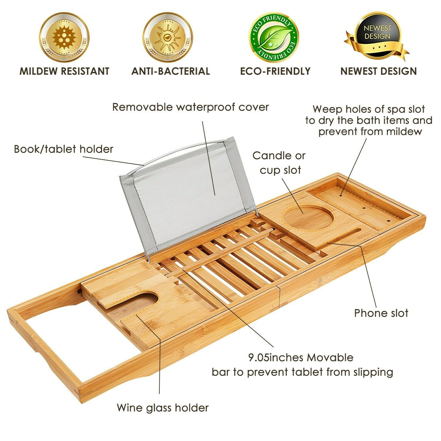 Bathtub Accessories - Bath Tub Caddy Tray - Bamboo Organizer Table For Bathtub -
