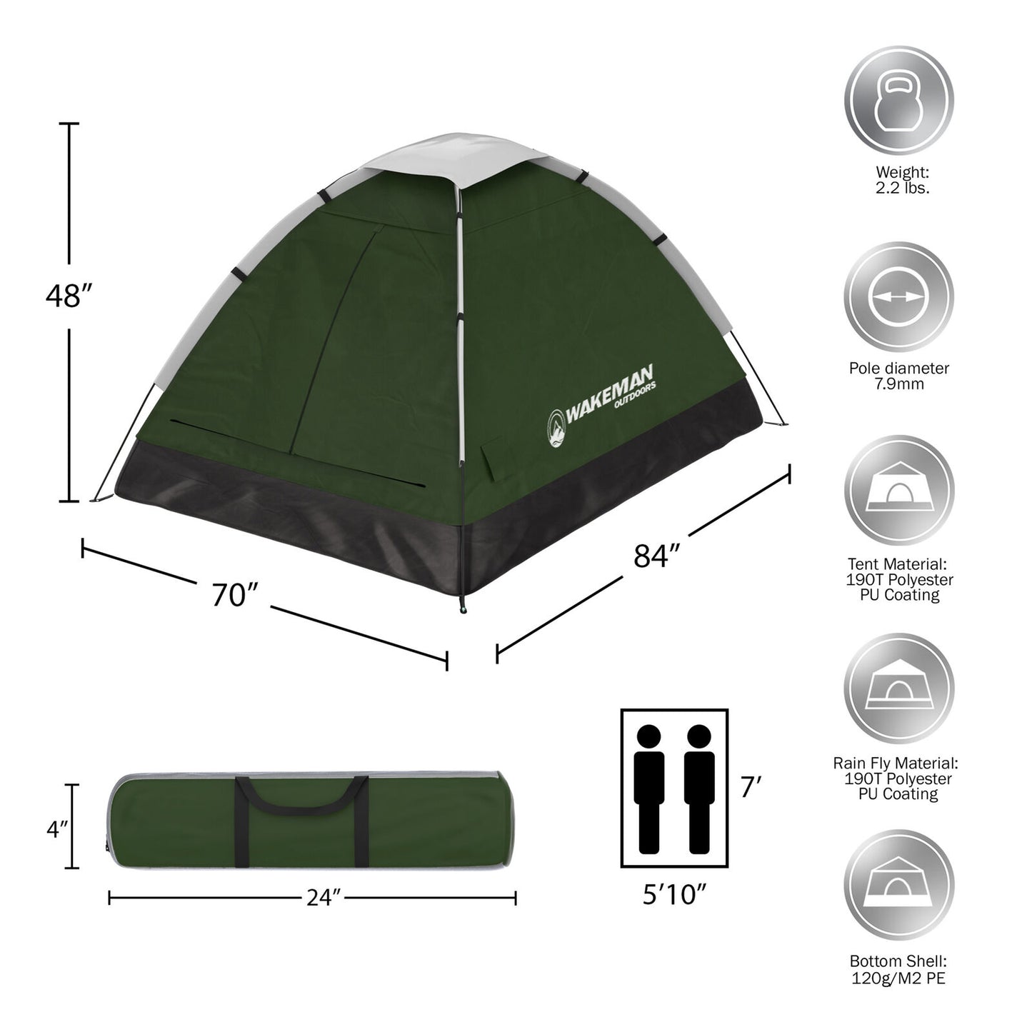 Tents - Camping Tent - 2 Person Easy Assembly Carry Bag Tent - Green -