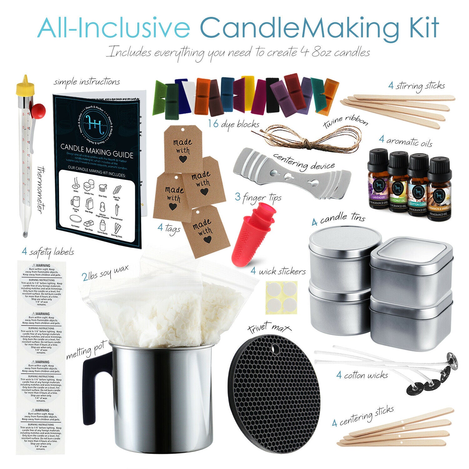 Candle Making Kits - Candle Making Kit- Soy Wax, Thermometer, Tins, Wicks, Melting Pot -