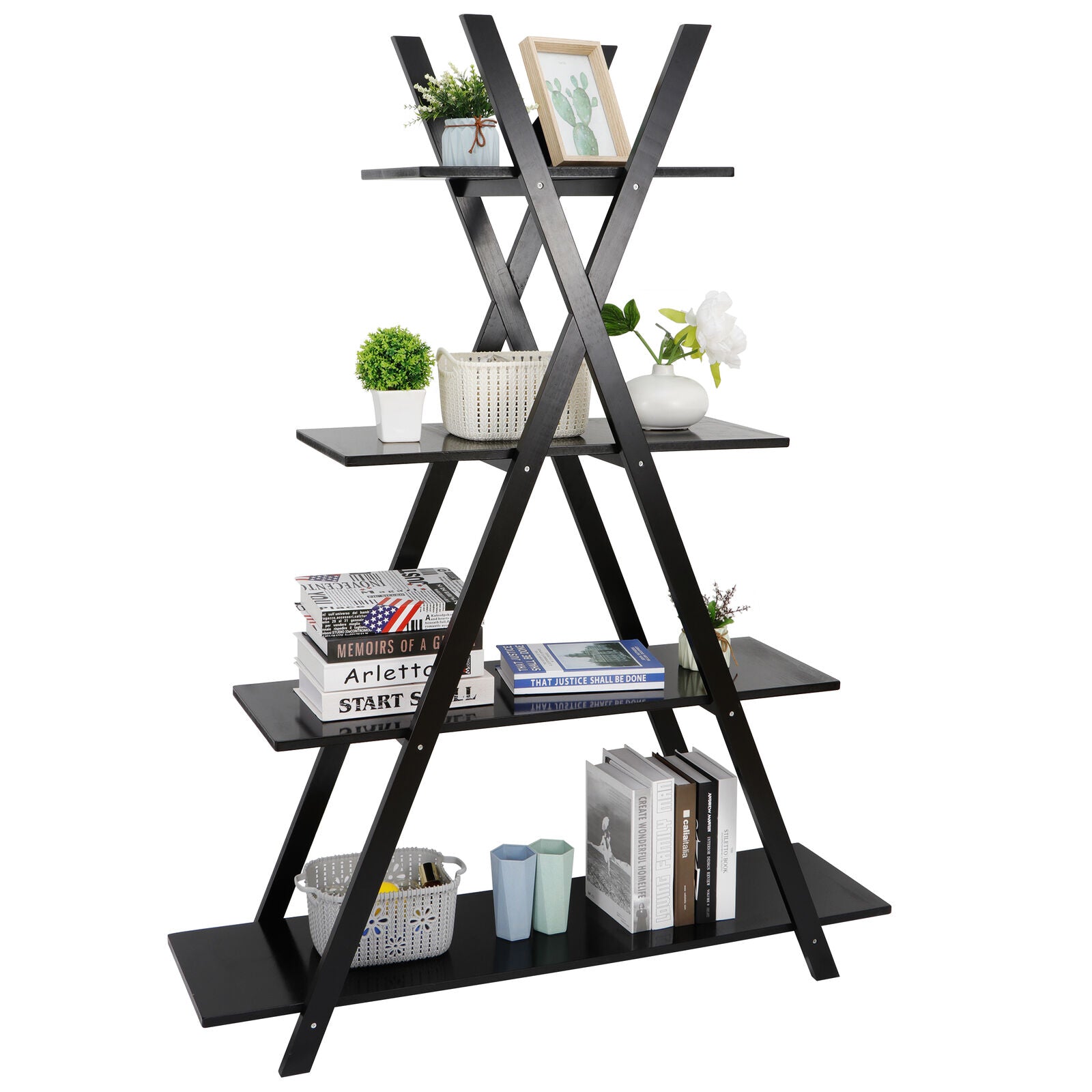 Bookcases & Standing Shelves - Ladder Shelf Storage Display - 4 Tier Modern Black Bookshelf -