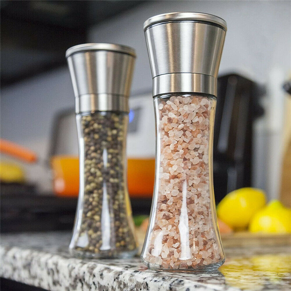 Salt & Pepper Shakers - Salt & Pepper Grinder - Vintage Mill Shaker - Stainless Steel Glass - 2PK