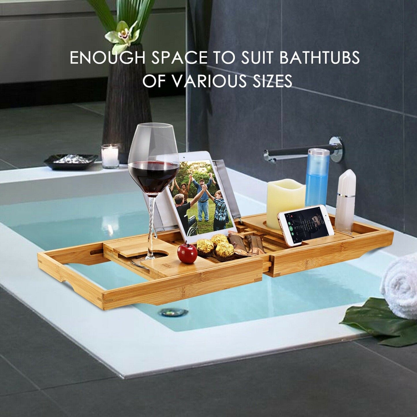 Bathtub Accessories - Bath Tub Caddy Tray - Bamboo Organizer Table For Bathtub -
