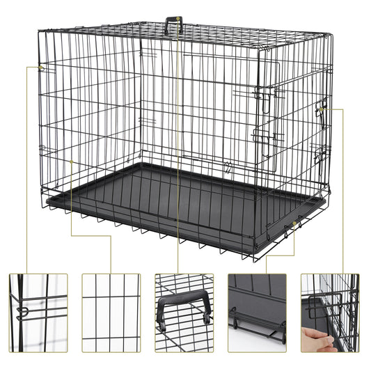 Dog Kennel & Run Accessories - Dog Kennel Crate 36" - 2 Cage Doors W/ Tray Pan Black -