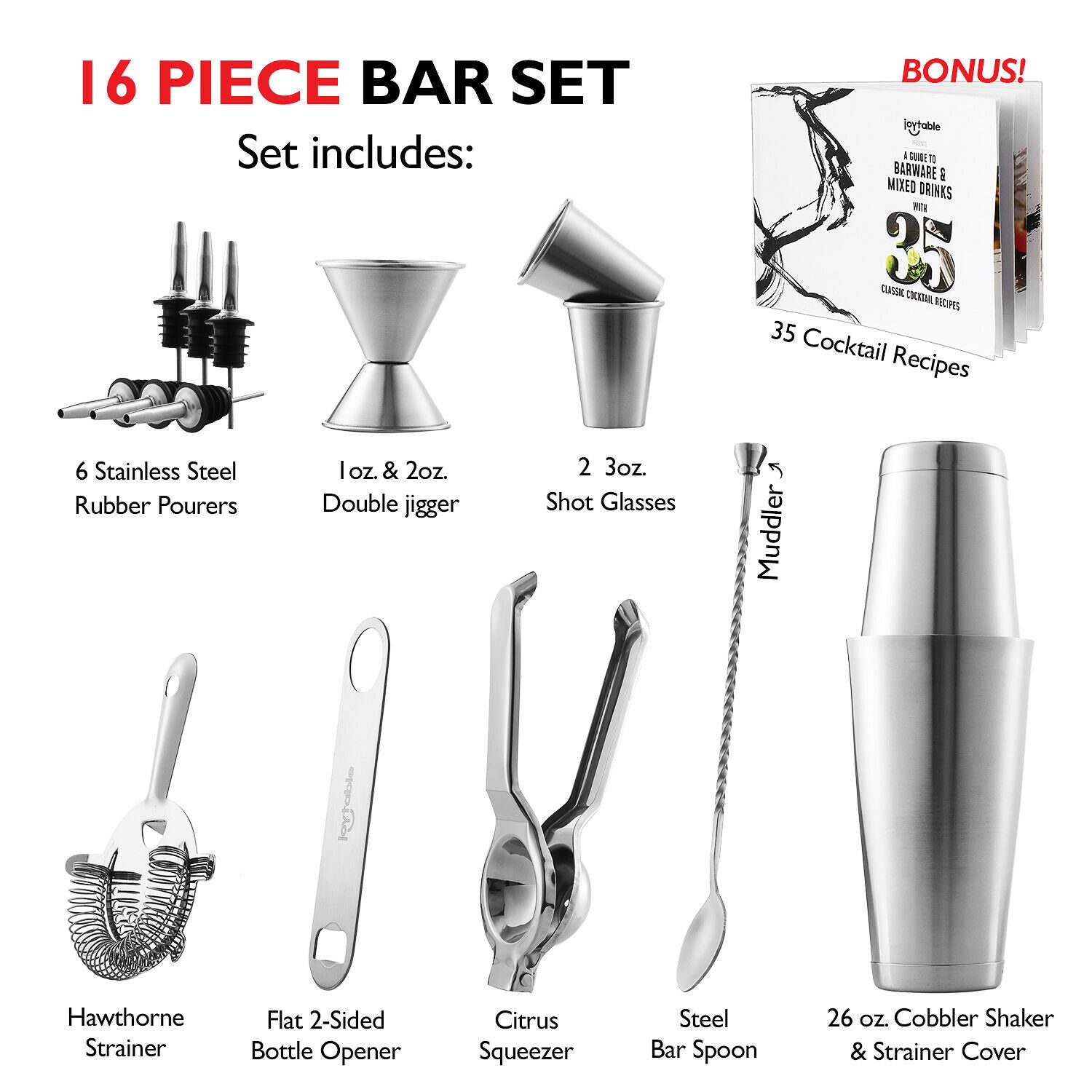 Cocktail & Barware Tool Sets - Bartender Tool Set - 16 Pc Complete Bar Tools with Lemon Squeezer -