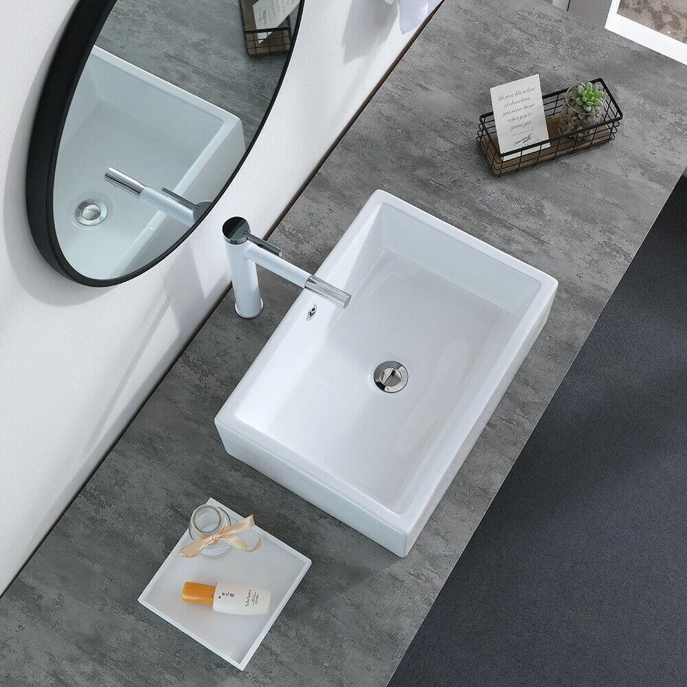 Bathroom Sinks - Bathroom Vessel Sink - Porcelain Ceramic Basin Bowl With Pop-Up Drain - Rectangle White-B