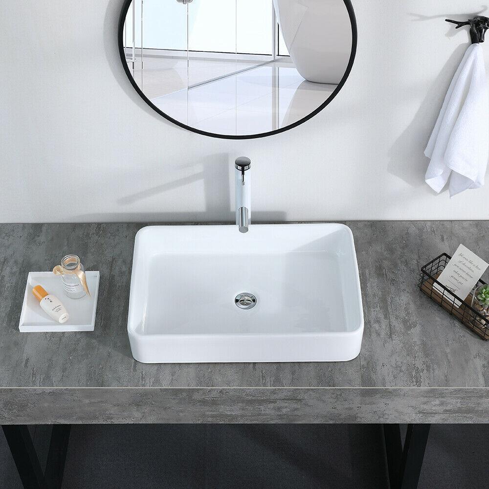 Bathroom Sinks - Bathroom Vessel Sink - Porcelain Ceramic Basin Bowl With Pop-Up Drain - Rectangle White-A