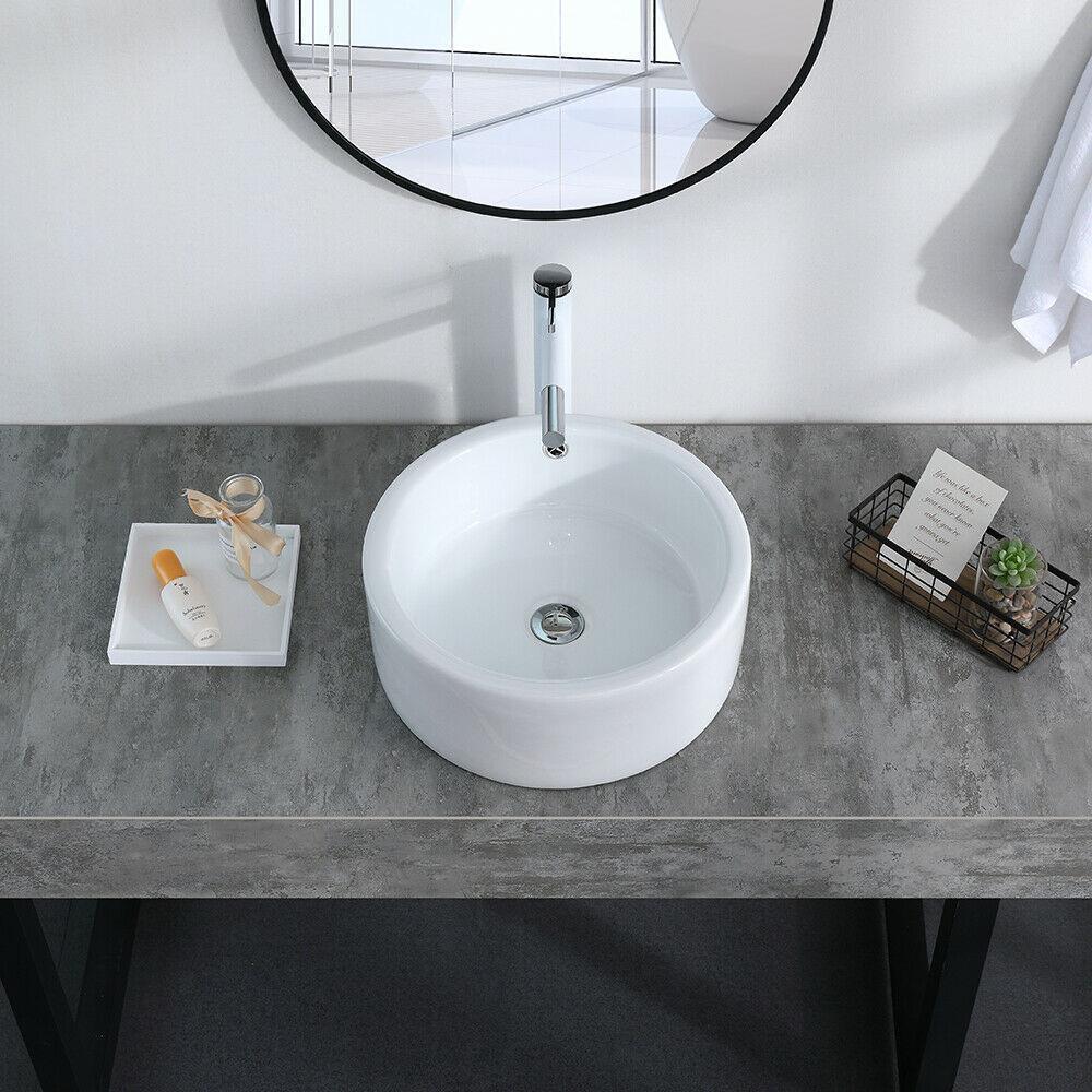 Bathroom Sinks - Bathroom Vessel Sink - Porcelain Ceramic Basin Bowl With Pop-Up Drain - Round White