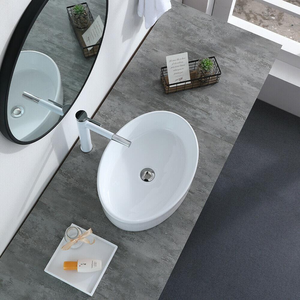 Bathroom Sinks - Bathroom Vessel Sink - Porcelain Ceramic Basin Bowl With Pop-Up Drain - Oval White-B