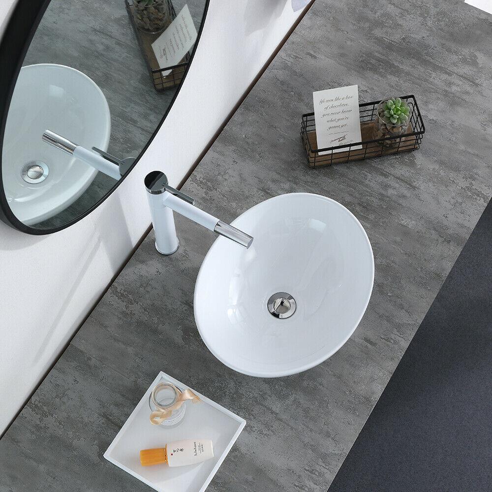 Bathroom Sinks - Bathroom Vessel Sink - Porcelain Ceramic Basin Bowl With Pop-Up Drain - Oval White-A