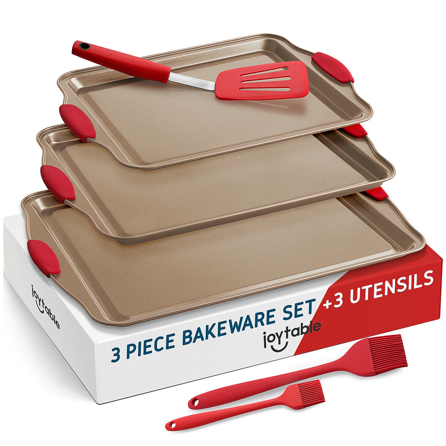 Baking & Cookie Sheets - Non-Stick Baking Pan Cookie Sheet Set With Spatula & Brushes 6 Pieces - Light Brown