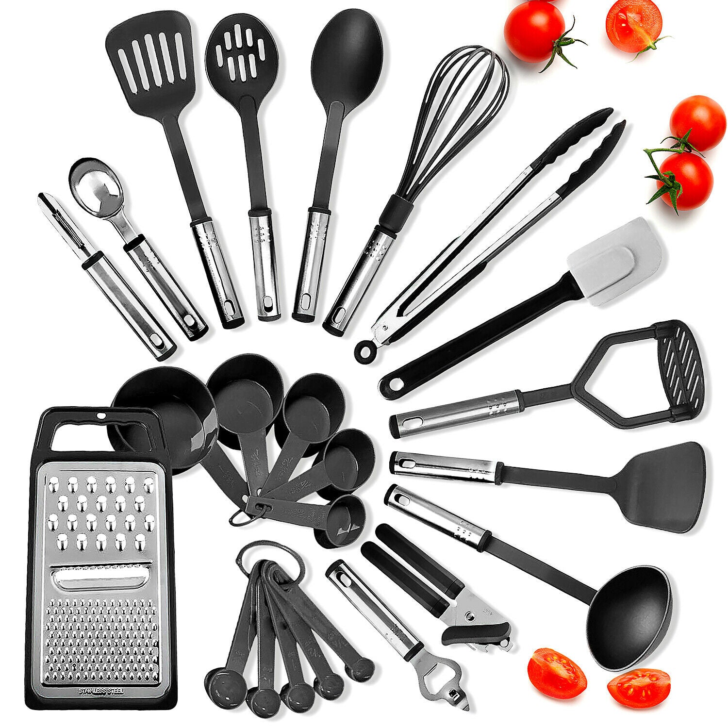 Kitchen Utensil Sets - Kitchen Utensils & Gadgets Set - Stainless Steel Cooking Tools 24pcs - Black