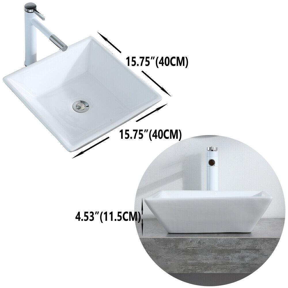 Bathroom Sinks - Bathroom Vessel Sink - Porcelain Ceramic Basin Bowl With Pop-Up Drain - Square White