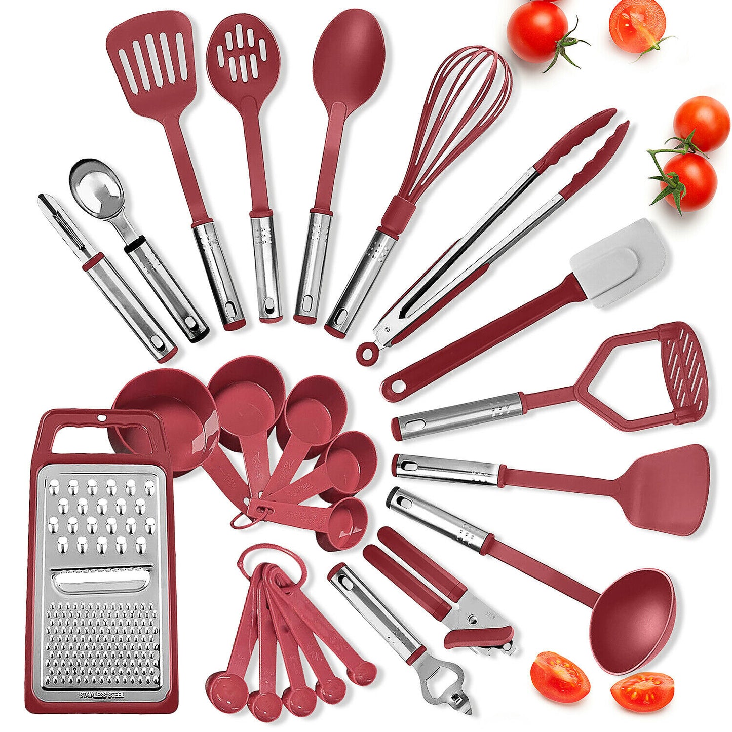 Kitchen Utensil Sets - Kitchen Utensils & Gadgets Set - Stainless Steel Cooking Tools 24pcs - Red
