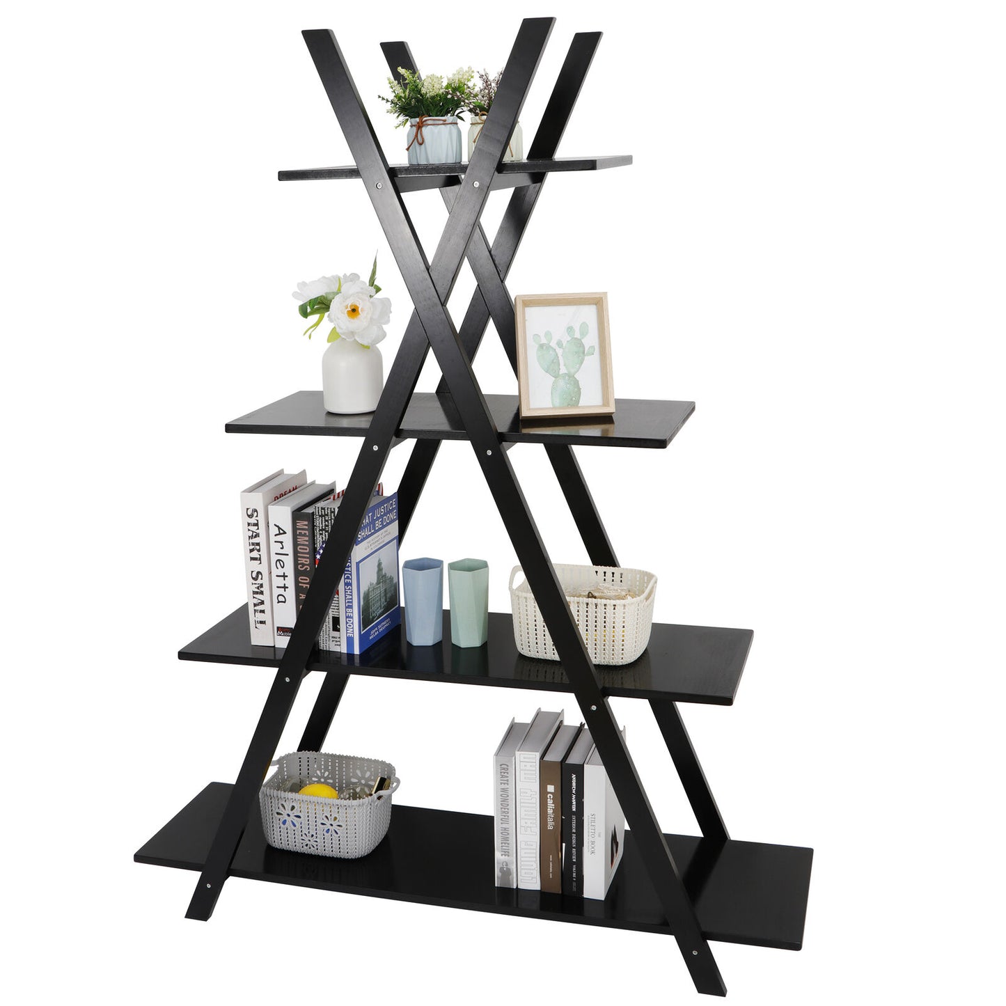 Bookcases & Standing Shelves - Ladder Shelf Storage Display - 4 Tier Modern Black Bookshelf -
