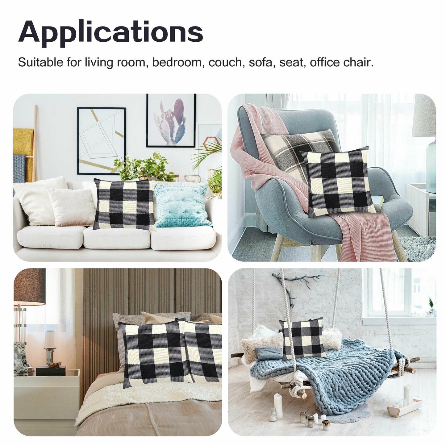 - Throw Pillow Cases - Buffalo Check Plaid Farmhouse - Black & White -