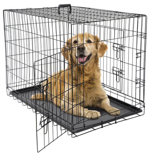 Dog Kennel & Run Accessories - Dog Kennel Crate 36" - 2 Cage Doors W/ Tray Pan Black -