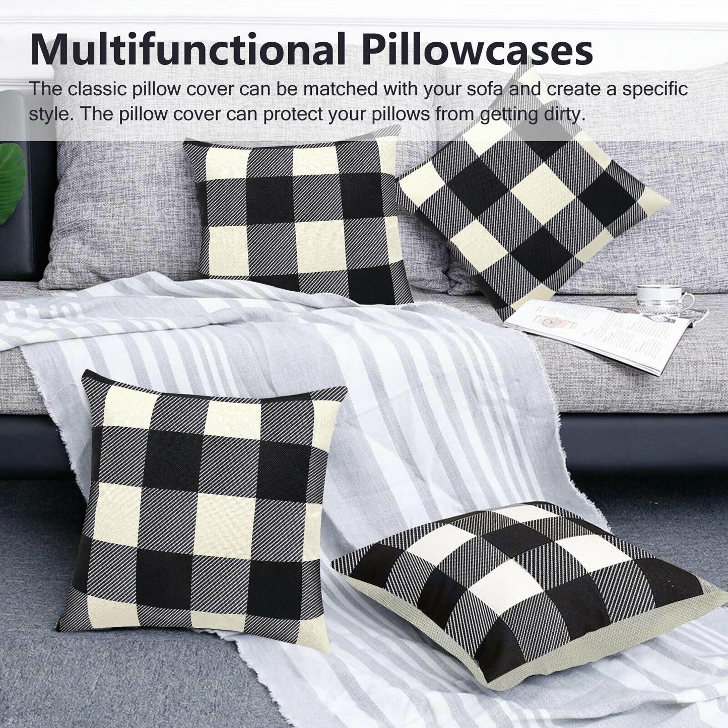 - Throw Pillow Cases - Buffalo Check Plaid Farmhouse - Black & White -