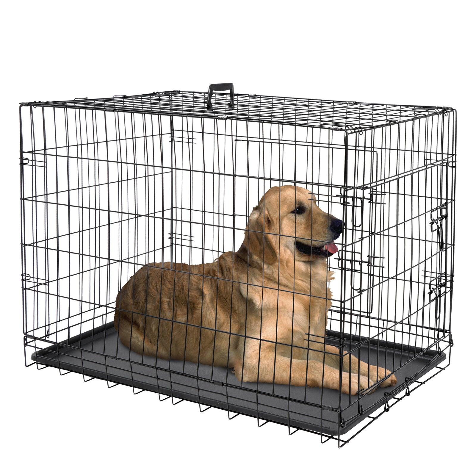 Dog Kennel & Run Accessories - Dog Kennel Crate 36" - 2 Cage Doors W/ Tray Pan Black -