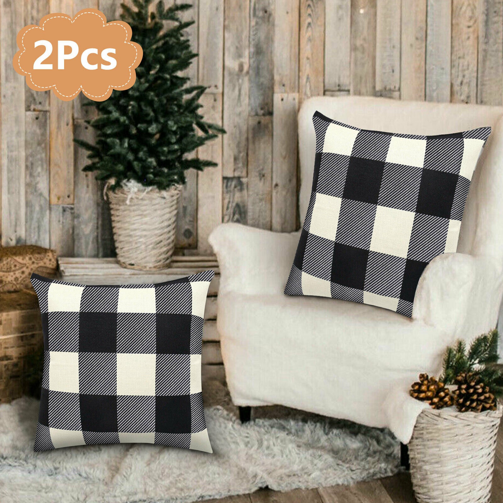 - Throw Pillow Cases - Buffalo Check Plaid Farmhouse - Black & White -