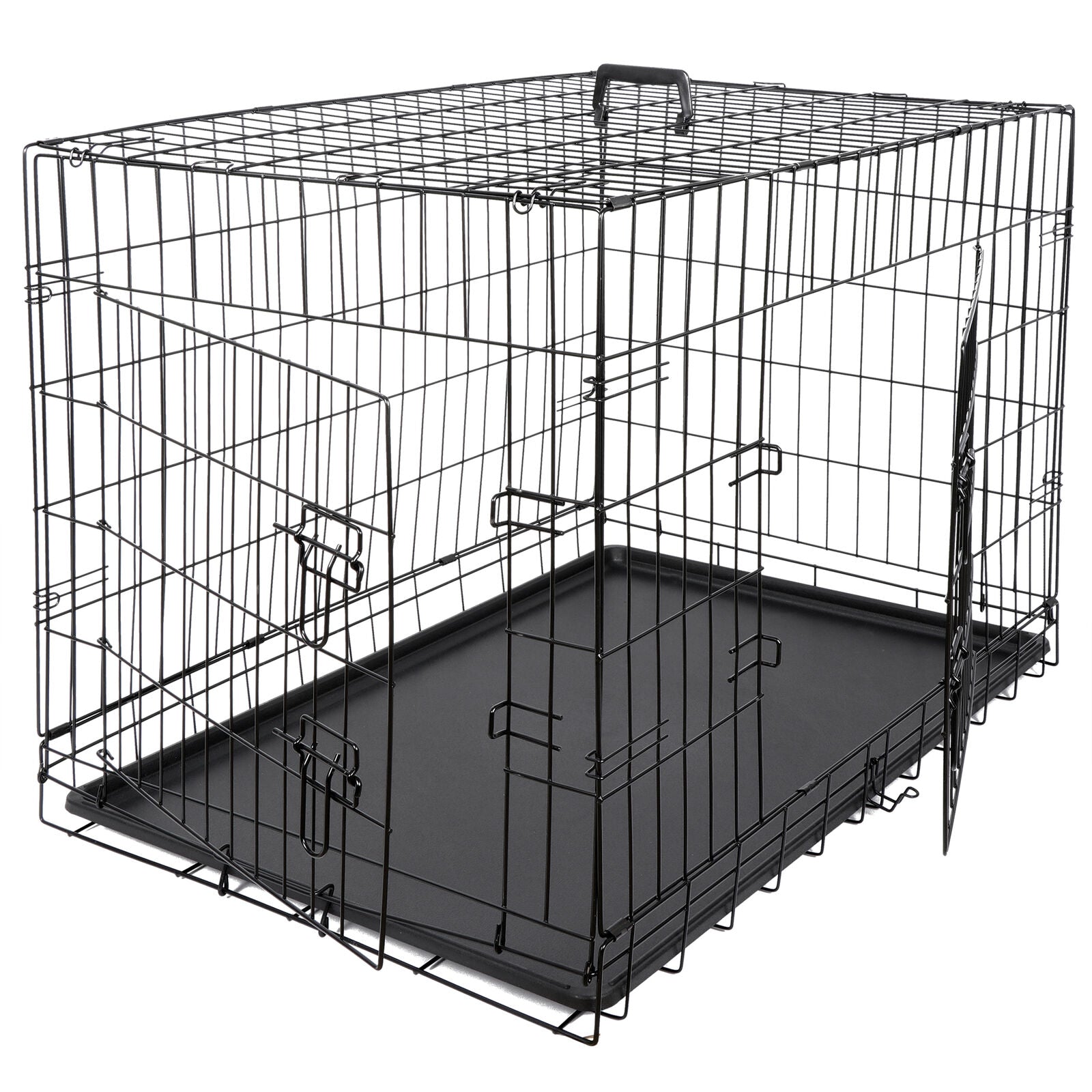 Dog Kennel & Run Accessories - Dog Kennel Crate 36" - 2 Cage Doors W/ Tray Pan Black -