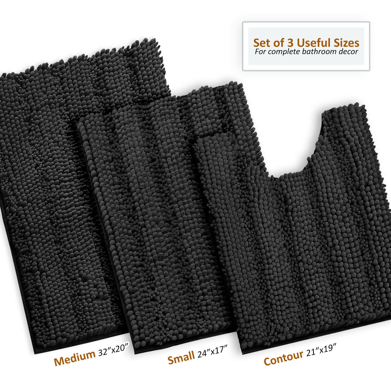 Bath Mats & Rugs - Bathroom Rugs & Bath Mat Set - 3 Piece Absorbent Chenille - 10 Colors! -