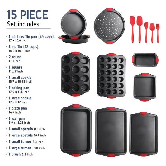 Cake Pans & Molds - Baking Pan Set - 15pc Carbon Steel Nonstick Oven Safe Silicone Handles -