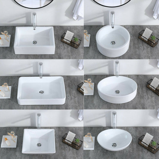 Bathroom Sinks - Bathroom Vessel Sink - Porcelain Ceramic Basin Bowl With Pop-Up Drain -