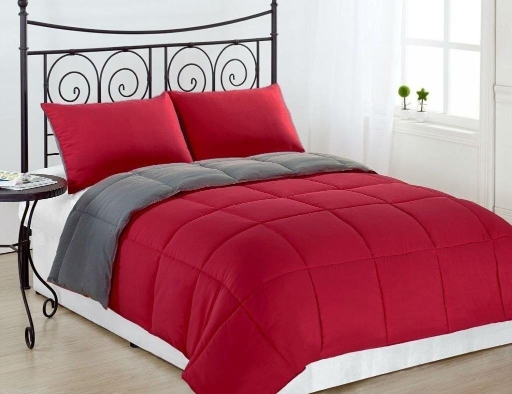 Quilts & Comforters - Goose Down Alternative Comforter - Reversible & Ultra Soft - King / Gray & Burgundy Red