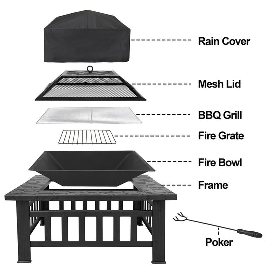 Fireplace Tools - Fire Pit Furniture Patio - 32" Outdoor Metal Square Stove With Cover -
