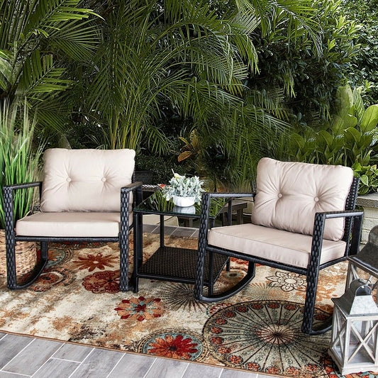 Outdoor Furniture Sets - Rocker Chairs Patio Set - 3 Piece Wicker Cushioned Outdoor Furniture -
