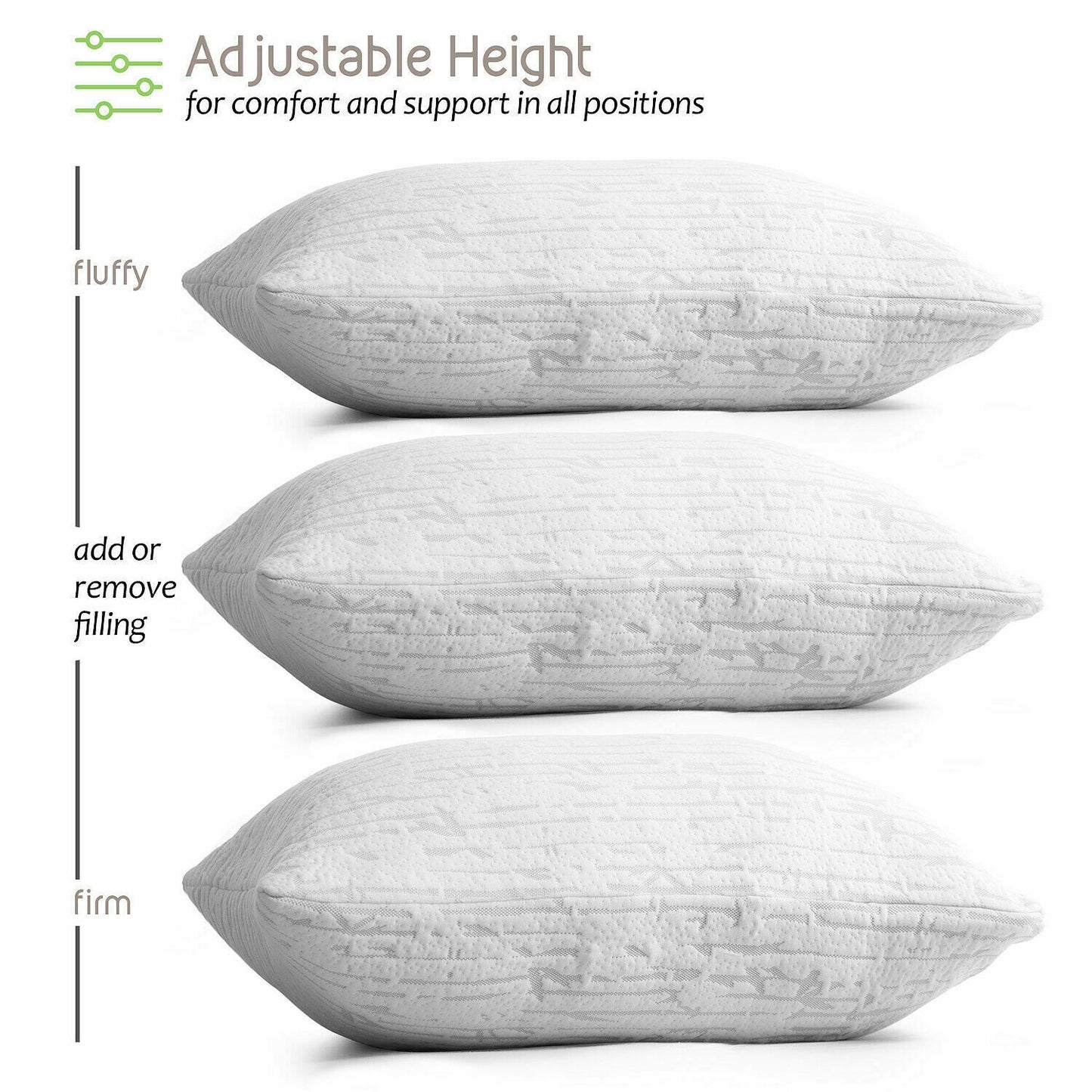 Pillows - Bamboo Shredded Memory Foam Pillow - Hypoallergenic King or Queen -