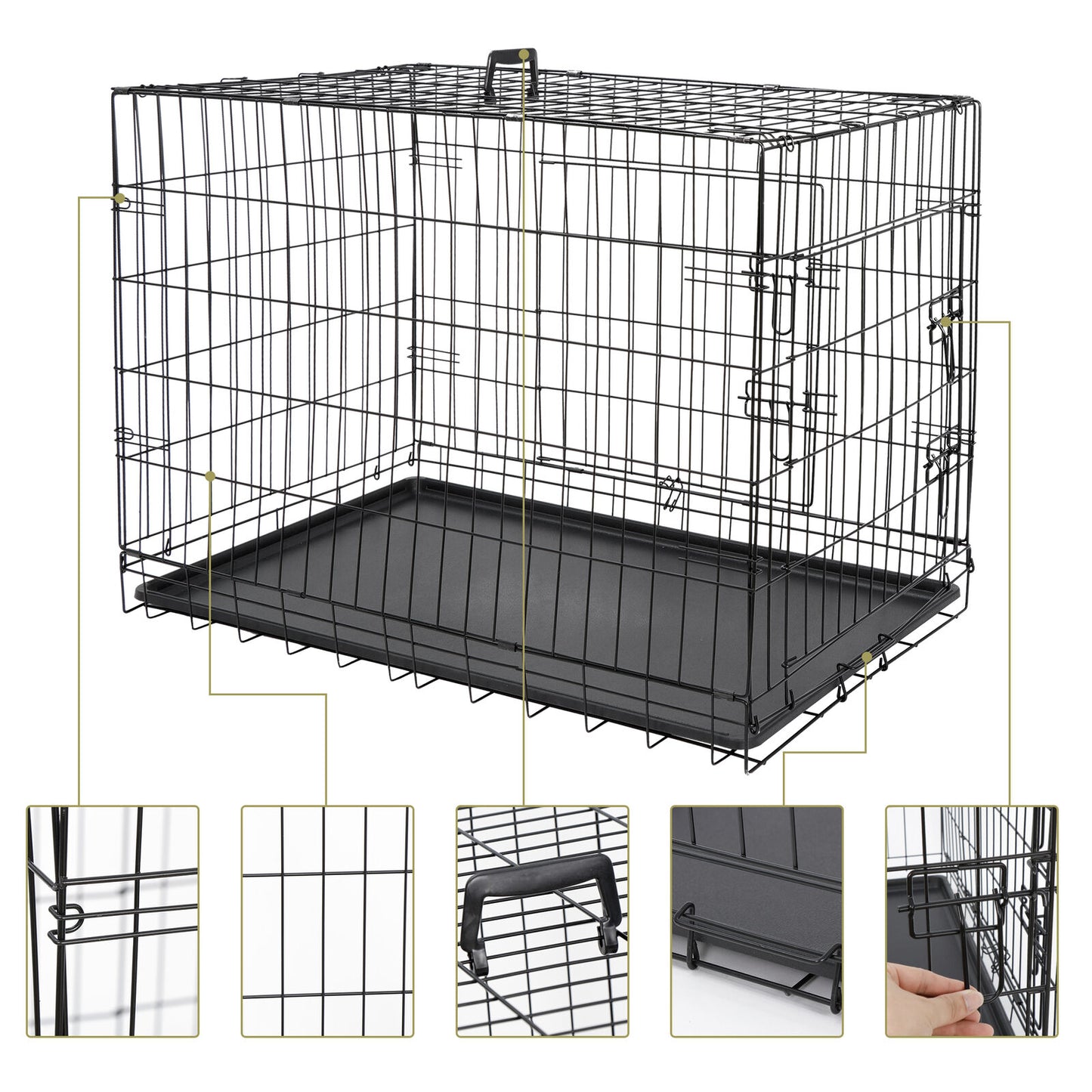 Dog Kennel & Run Accessories - Dog Kennel Crate 36" - 2 Cage Doors W/ Tray Pan Black -