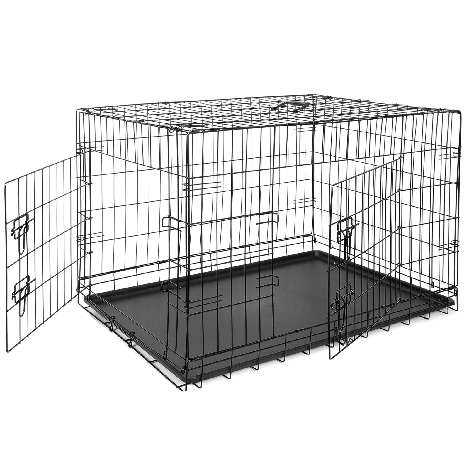 Dog Kennel & Run Accessories - Dog Kennel Crate 36" - 2 Cage Doors W/ Tray Pan Black -