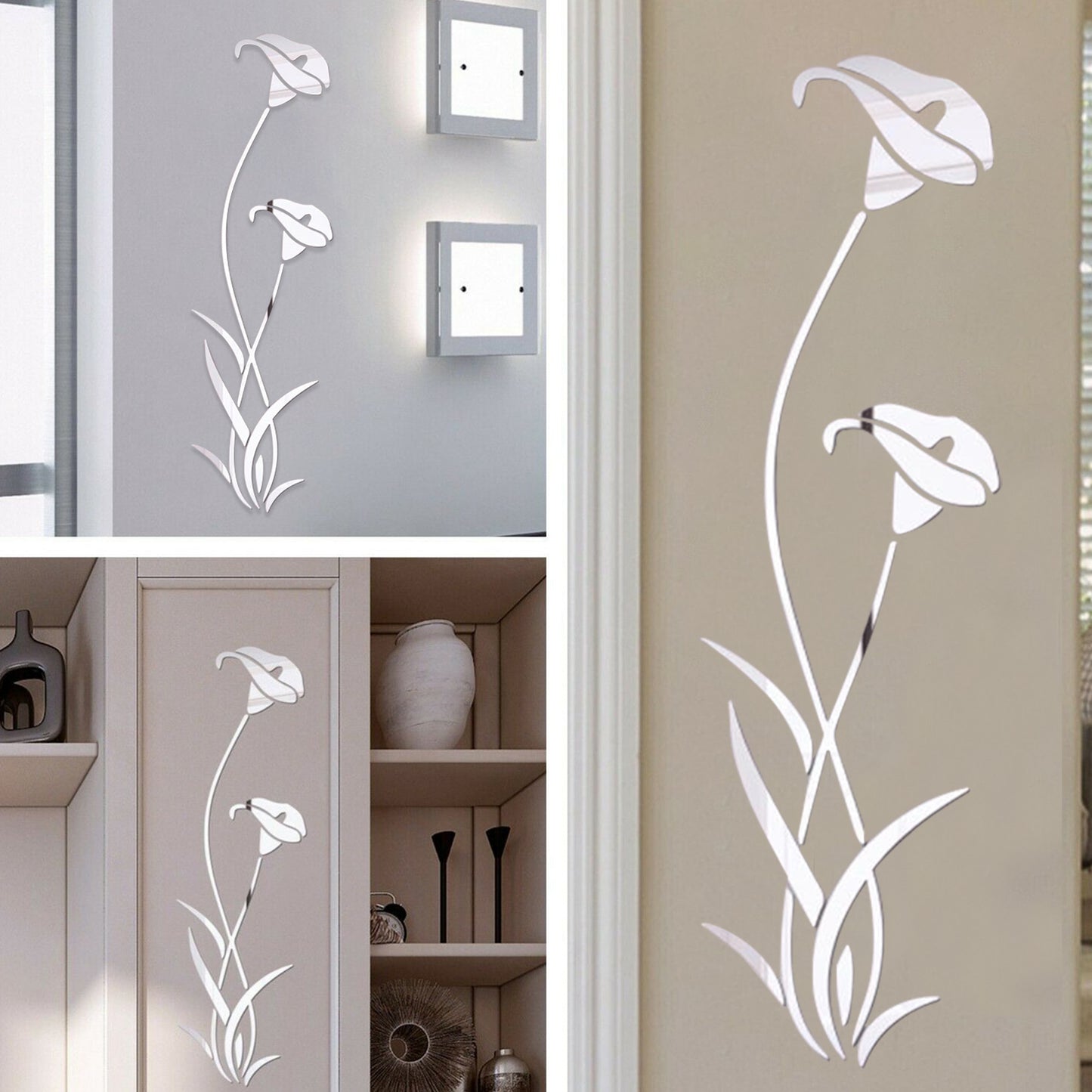 Mirrors - Mirror Art Wall Decor - Tree Wall Mural Mirrored Stickers - Silver flower